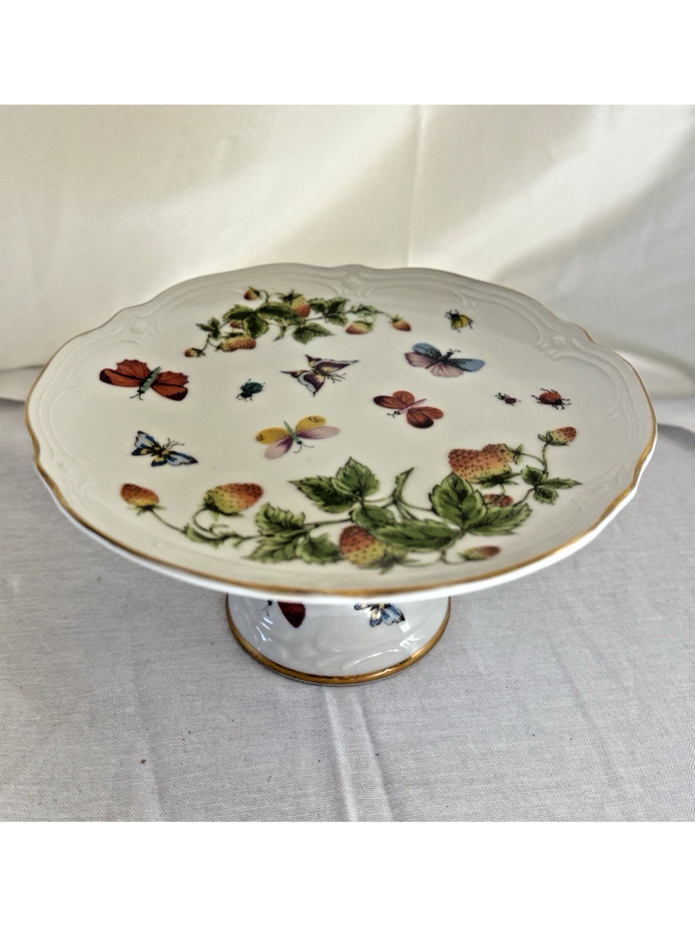 Vintage Lenwile Ardalt 7" Pedestal Cake Plate Strawberry Butterfly Garden 6173